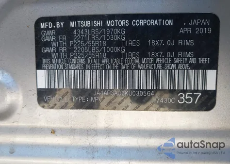 2019 Mitsubishi Outlander Sport 2.0 Es из США, поврежденный, VIN JA4AR3AU3KU030564